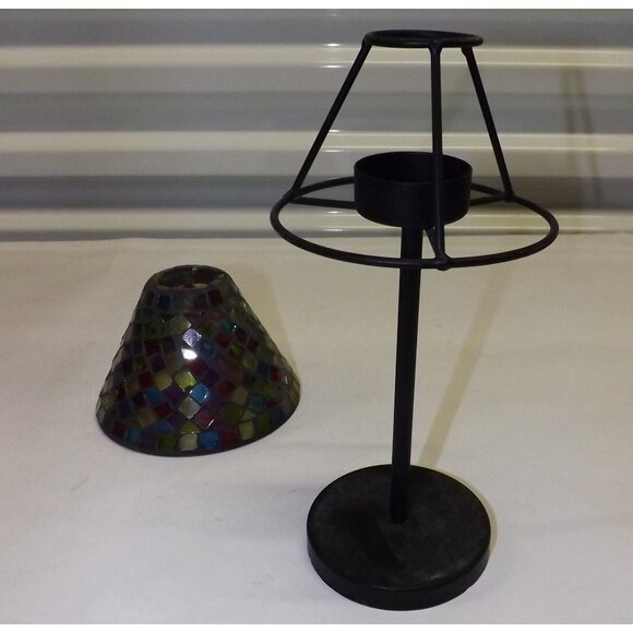 Mosaic Glass Table Votive Lamp Multicolor Stained Glass Shade Metal Base - Picture 9 of 13